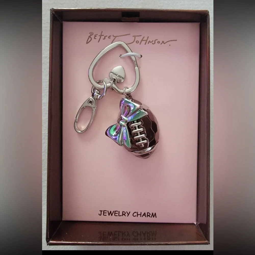 BETSEY JOHNSON Shiny Metallic Football with Pink Bow Bag Charm Keychain NEW NWT